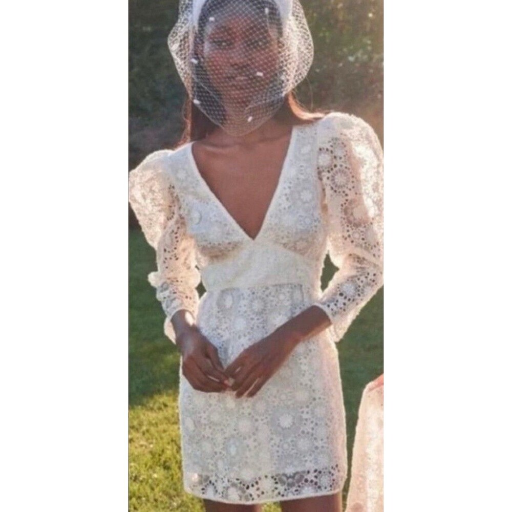 LoveShackFancy Faye White Lace Puff Sleeve Mini Dress Size 6 NWT - Picture 2 of 11